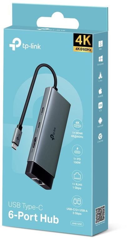 TP-Link 6-in-1 UH6120C Hub 1XHDMI 1XLAN 1XUSB-C PD X2USB-A