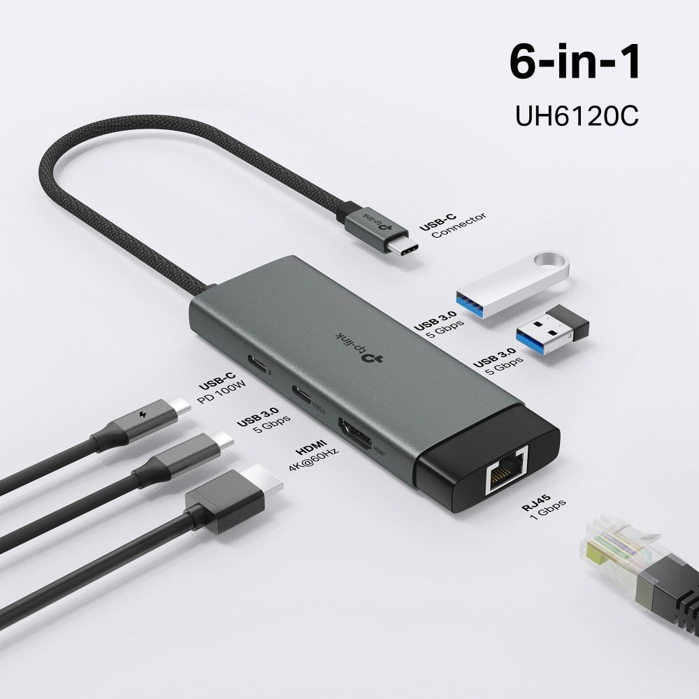 TP-Link 6-in-1 UH6120C Hub 1XHDMI 1XLAN 1XUSB-C PD X2USB-A