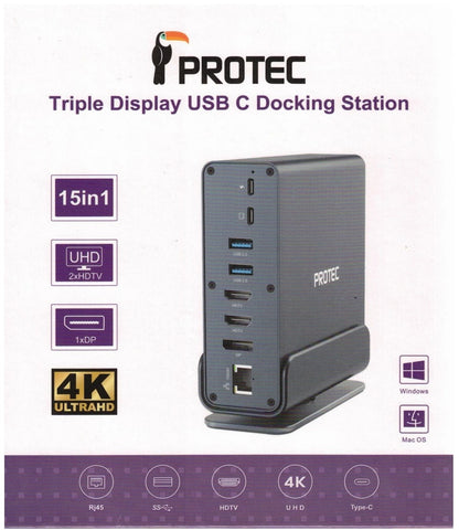 Protec 15-in-1 DM301 USB-C Hub HDMI ×2, DP, USB3 ×3, USB2 x2, USB-C, LAN Docking Station