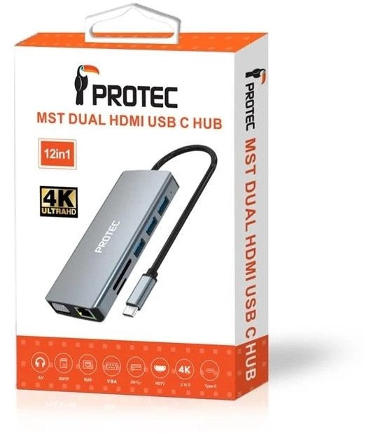 Protec 12-in-1 DM300 USB-C Hub HDMI ×2, VGA, USB ×4, LAN Docking Station