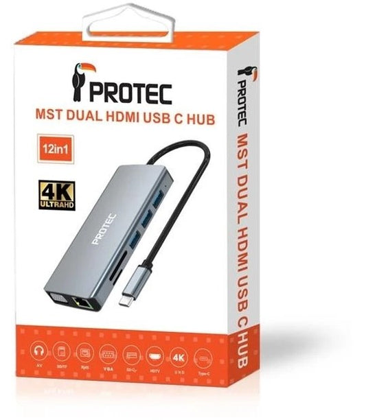 Protec 12-in-1 DM300 USB-C Hub HDMI ×2, VGA, USB ×4, LAN Docking Station